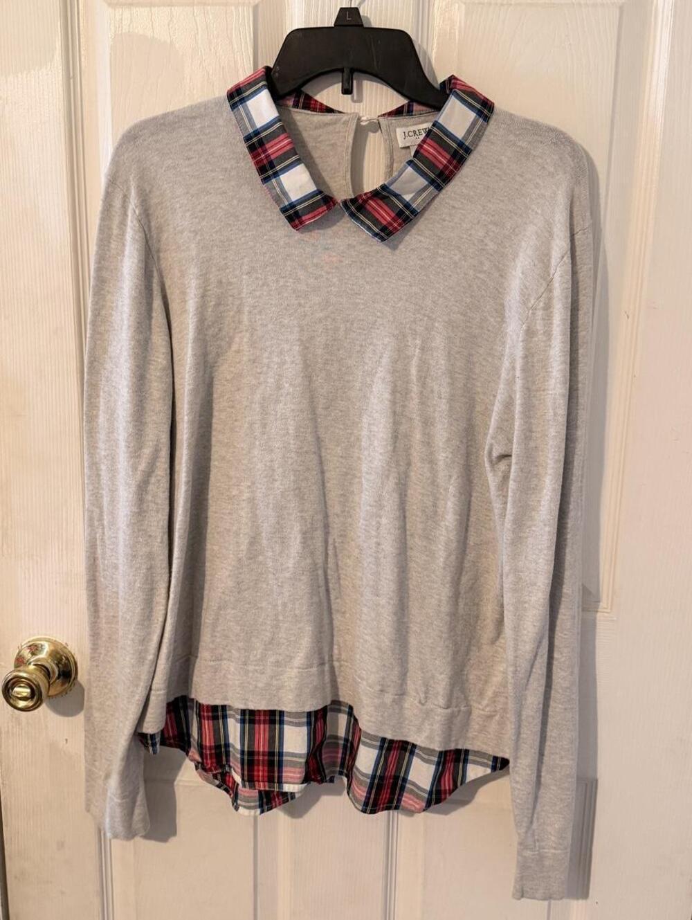 J.Crew Women's Layered Look Sweater Tartan Plaid Collar Hem Heather Gray XL